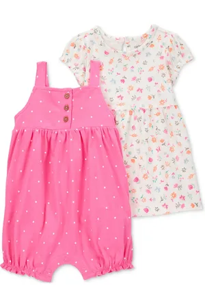 Carters Baby Girls Cotton Romper & Dress With Diaper Cover, 2 Piece Set - Cream/Pink
