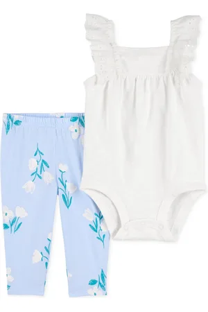 Carters Baby Girls Cotton Eyelet-Flutter-Sleeve Bodysuit & Floral-Print Pants, 2 Piece Set