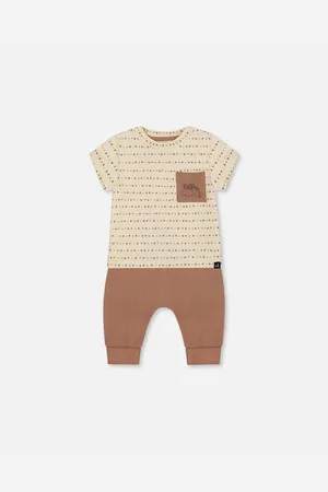 Deux par Deux Baby Boys Printed Organic Cotton Top And Pant Set Brown, Beige, And Monkey - Brown, beige, and monkey