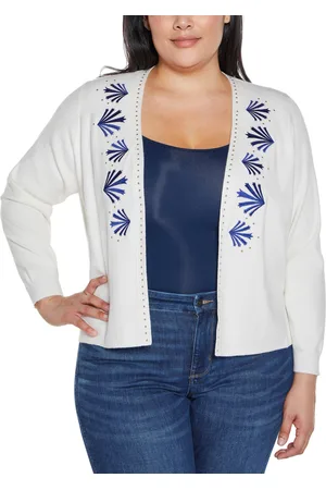 Belldini Plus Size Black Label Embroidered Drop-Shoulder Open-Front Cardigan Sweater - White/Cobalt