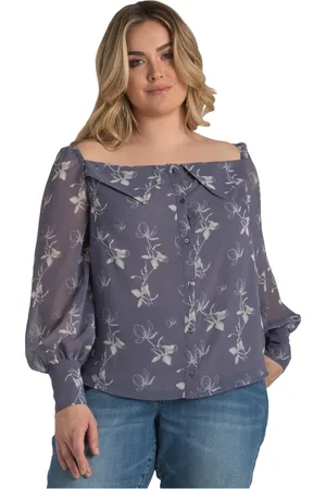 Standards & Practices Plus Size Floral Print Long Sleeve Button Down Off-The-Shoulder Blouse