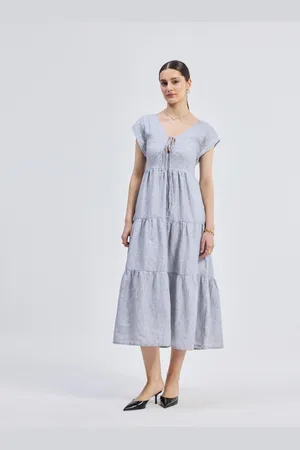 Reistor Gathered Tiered Dress with Front-ties - Linen stripes