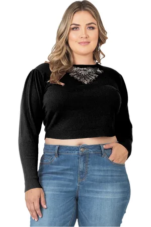 Standards & Practices Plus Size Necklace Trimed Cropped Style Cashmere Sweater