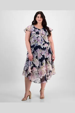 Connected Plus Size Printed Ruffled Flutter-Sleeve Midi Dress