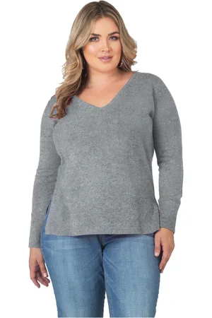 Standards & Practices Plus Size Split Side Loose Long Sleeve V-Neck Pullover Cashmere Sweater