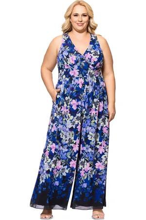 Betsy & Adam Plus Size Floral-Print Sleeveless Jumpsuit - Black/Blue