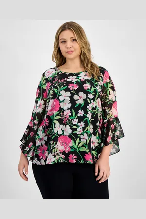 Kasper Plus Size Floral-Print Ruffle-Sleeve Blouse