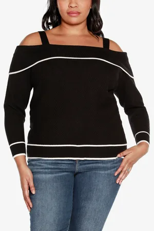Belldini Black Label Plus Size Off-The-Shoulder Sweater - Black, Winter White