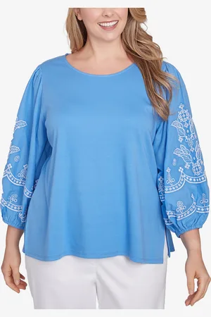 RUBY Plus Size Bella Blue Embroidered 3/4 Sleeve Top