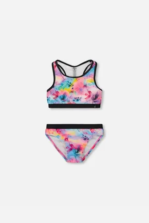 Deux par Deux Girls Printed Two-Piece Racerback Swimsuit Black Background