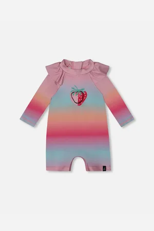 Deux par Deux Baby Girls Long Sleeve One-Piece Rashguard Pink, Orange, And Turquoise - Pink, orange, and turquoise