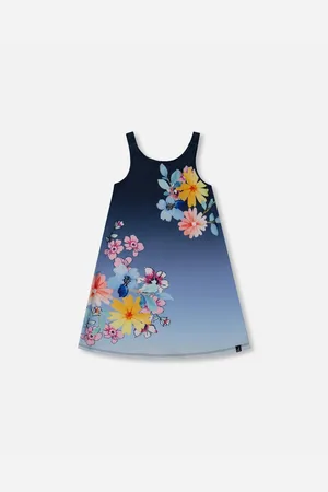 Deux par Deux Girls Printed Beach Dress Yellow, Pink Flowers On Navy Blue Background - Yellow, pink flowers on navy blue