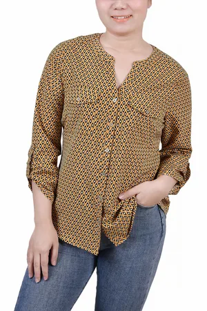 Ny Collection Petite 3/4 Sleeve Roll Tab Y Neck Blouse