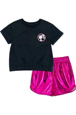 Barbie Toddler Girls T-Shirt and Crop Top Shorts Outfit Set - Black / magenta