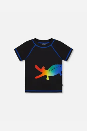 Deux par Deux Boys Short Sleeve Rashguard Black And Multicolored Crocodiles