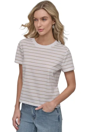 DKNY Petite Striped Crewneck T-Shirt - White/Pebble