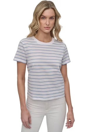 DKNY Petite Striped Crewneck T-Shirt - White/Chambray