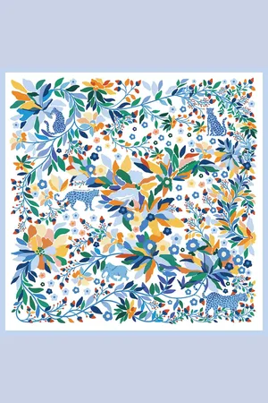 Jessie Zhao New York Double Sided Wool Silk Scarf Of Day Jungle Reverie - Blue / white