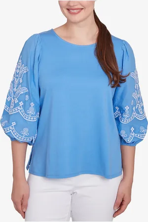 RUBY Petite Bella Blue Embroidered Three Quarter Sleeve Top