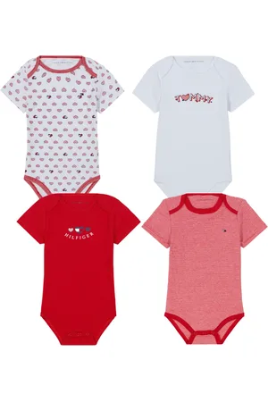 Tommy Hilfiger Baby Girl 4-Pack Hearts and Stripes Short Sleeve Bodysuits - Bright white, Red, Stripe