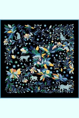 Jessie Zhao New York Double Sided Wool Silk Scarf Of Night Jungle Reverie - Black / blue