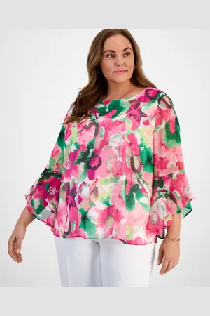 Kasper Plus Size Floral-Print Bell-Sleeve Blouse
