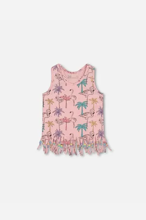Deux par Deux Big Girls Printed Organic Cotton Tank Top With Fringe Palm Trees, Pink Flamingo, And Turquoise - Palm trees, pink flamingo, and