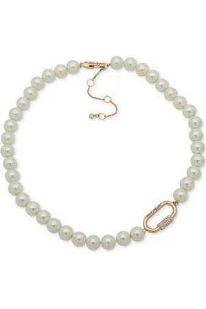 Karl Lagerfeld Gold-Tone Pave Carabiner Imitation Beaded Collar Necklace, 16" + 3" extender