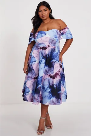 Quiz Plus Size Scuba Floral Print Bardot Midi Skater Dress