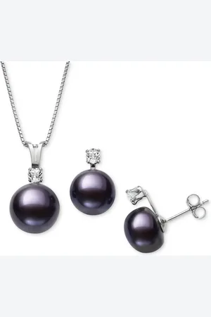 Belle De Mer 2-Pc. Set Dyed Peacock Cultured Freshwater Pearl (9-10mm) & Lab-Created White Sapphire (1/3 ct. t.w.) Pendant Necklace & Stud Earri