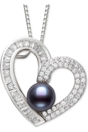 Belle De Mer Dyed Peacock Cultured Freshwater Pearl (6-7mm) & Cubic Zirconia Heart Pendant 18" Necklace in Sterling Silver