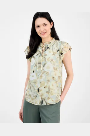 Anne Klein Petite Printed Ruffled-Sleeve Tie-Neck Blouse