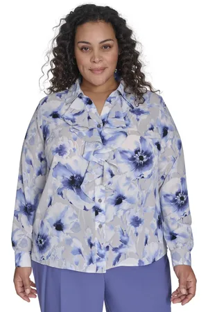 Calvin Klein Plus Size Printed Ruffled Long-Sleeve Button-Front Shirt