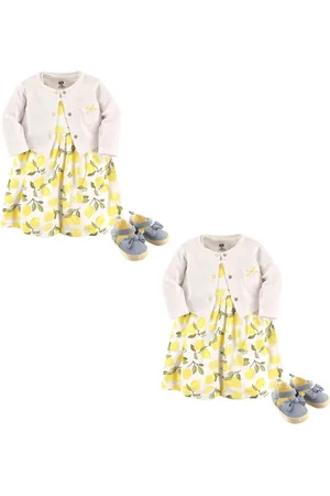 Hudson Baby Girls Hudson Cotton Dress, Cardigan and Shoe Set, Lemon 6-Piece, Months