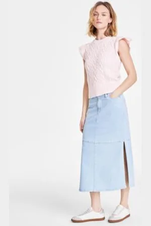 On 34th Womens Cable Knit Flutter Sleeve Sweater Split Seam Denim Midi Skirt Exclusively At Macys