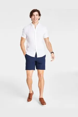 Michael Kors Mens Slim Fit Yarn Dyed Linen Shirt Benjamin Stretch 8 Tech Shorts