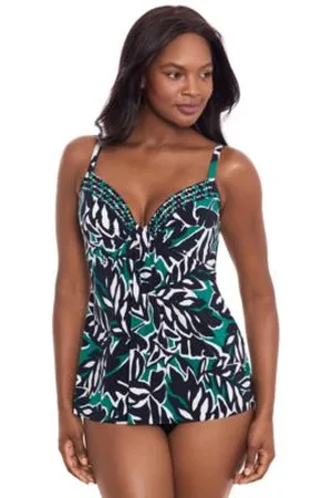 Miraclesuit Womens Palma Verde Marina Plunge Neck Tankini High Waist Tummy Control Bikini Bottoms