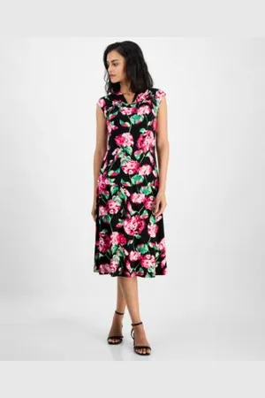 Kasper Womens Floral Cowlneck Cap Sleeve Top Floral Flared Pull On Midi Skirt