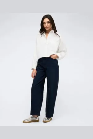 Kenneth Cole Womens Satin Striped Cropped Boyfriend Shirt High Rise Barrel Leg Denim Jeans
