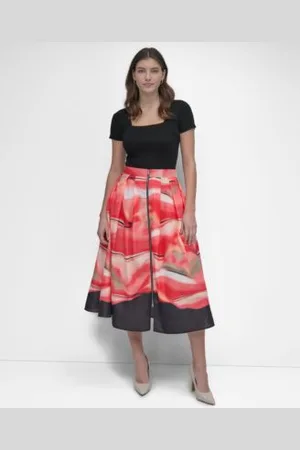 DKNY Womens Square Neck Short Sleeve Sweater Printed Zipper Front Midi Skirt