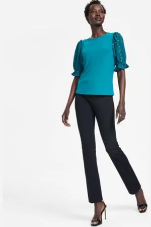 CE&CE Womens Mixed Media Puff Sleeve Top Slim Leg Bootcut Pants
