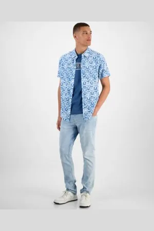 Guess Mens Slim Fit Short Sleeve Printed Button Front Shirt Crewneck Logo T Shirt Slim Tapered Fit Jeans