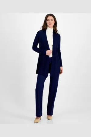 Anne Klein Monterey Open Front Longline Cardigan Half Sleeve Turtleneck Sweater Flare Leg Compression Pants