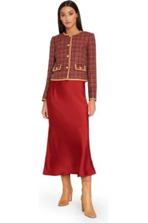 Tahari ASL Womens Ribbed Scoop Neck Sweater Tank Satin Midi Skirt Boucle Contrast Trim Collarless Jacket