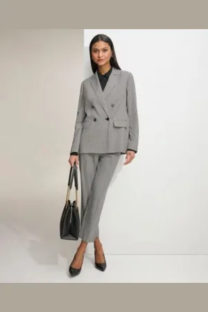 Karl Lagerfeld Karl Lagerfeld Womens Gingham Double Breasted Blazer Ruffled Blouse Gingham Straight Leg Pants