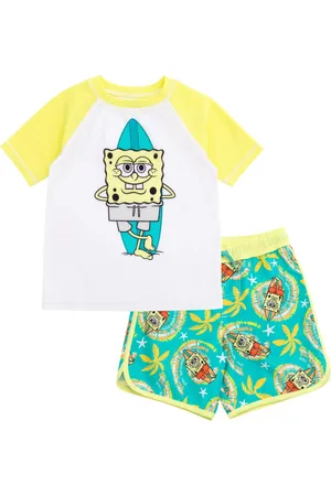 Spongebob Boys Surfboard Upf 50+ Rash Guard and Swim Trunks Outfit Set - Yellow / turquoise