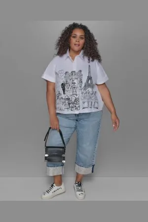 Karl Lagerfeld Plus Size City Scene Poplin Short Sleeve Shirt Crystal Cuffed Jeans
