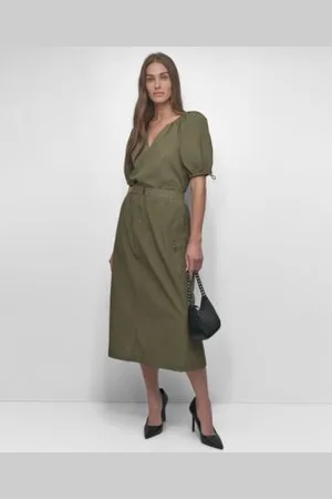 DKNY Womens Bungee Sleeve Top Zip Front Midi Skirt