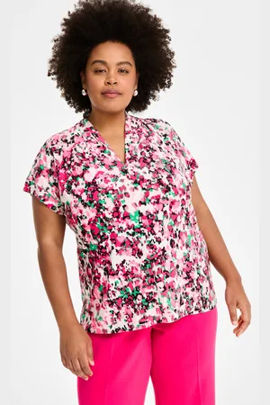 Kasper Plus Size Printed V-Neck Cap-Sleeve Blouse