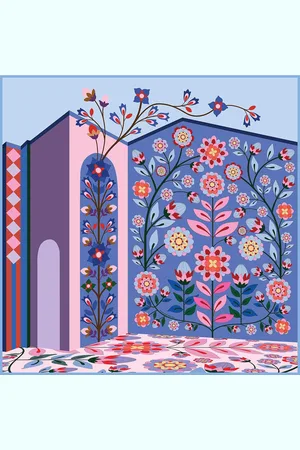 Jessie Zhao New York Double Sided Wool Silk Scarf Of Flower Imagination - Blue / pink